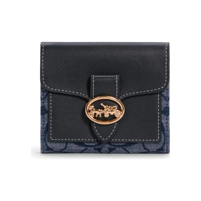 COACH Georgie Fabric With Leather Clutches Wallets Small Size Women's Denim Blue Monogram