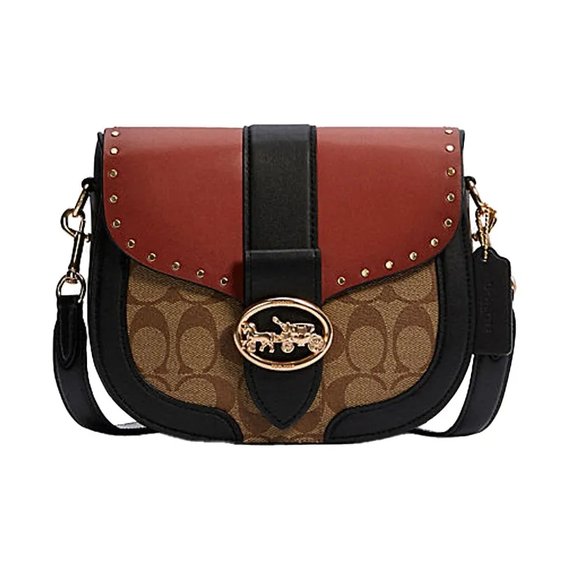 COACH Georgie Leather Saddle Bag Shoulder Bag Crossbody Bag Medium Size Women's Brown Black Red Brown