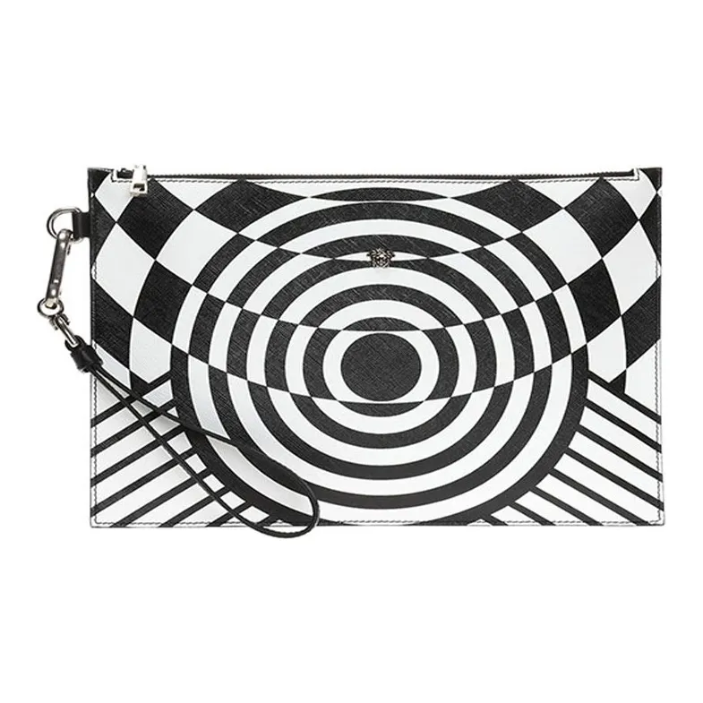 VERSACE Cow Leather Coin Purse Clutch Men's Black White