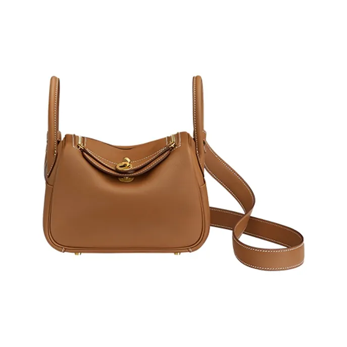 HERMES Lindy Swift Calfskin Handbag, Shoulder Bag, Crossbody Bag Mini Women's 37 Gold Brown