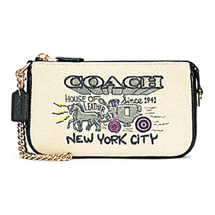 COACH Canvas Litchi Leather Pochette Underarm Handbag Clutch Regular Women's White