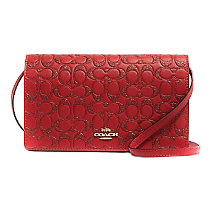 COACH Foldover Leather Shoulder Bag Crossbody Bag Medium Size Women's Red