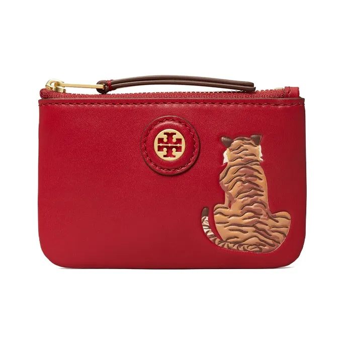TORY BURCH Leather Key Ring Card Pouch Women's Hazelnuts & Brown & Red