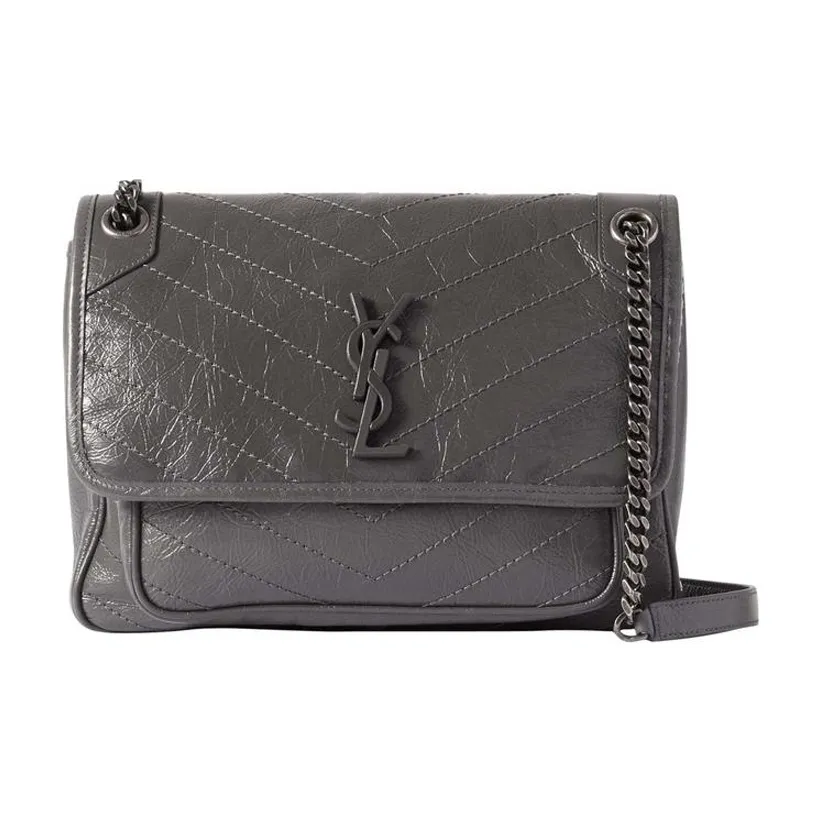 SAINT LAURENT Cow Leather Hobo Bag, Crossbody Bag, Shoulder Bag Medium Size Women's Gray White