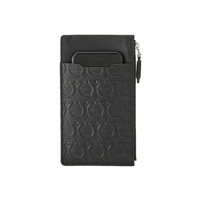 FERRAGAMO Cow Leather Cell Phone Pouch, Card Holder, Coin Purse Unisex Black