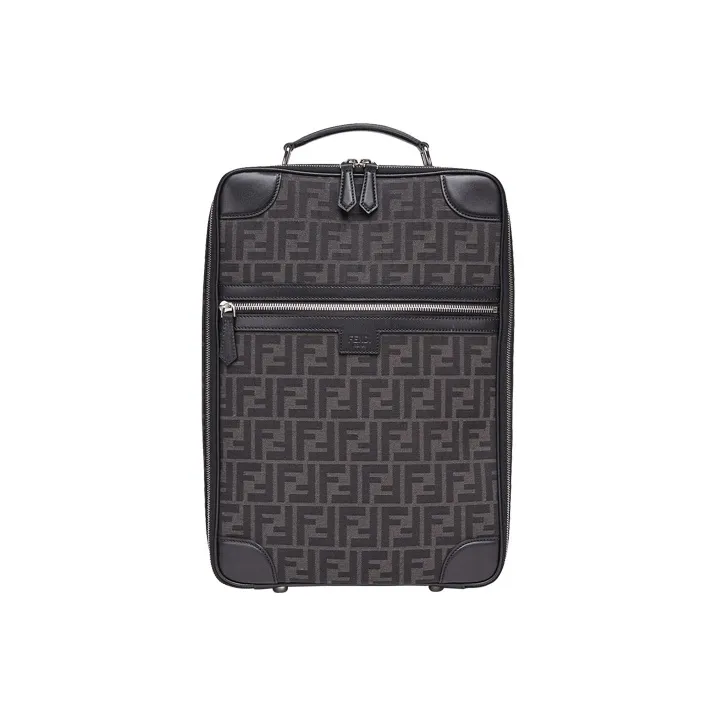 FENDI Jacquard Fabric With Leather Accents Portable Backpack Men's Black Gray Color