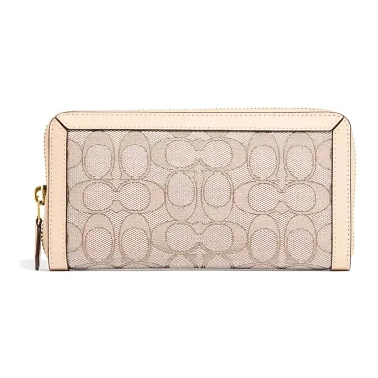 COACH Accordion Zip Canvas With Leather Handheld Wallet Women's Beige Monogram