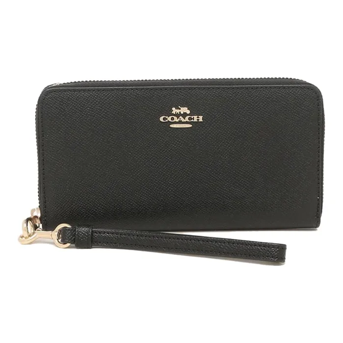 COACH Zip Around Leather Wallet Clutch Women's Black Gold