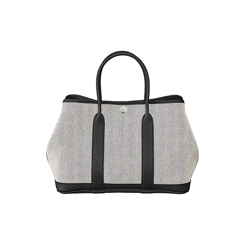 HERMES Garden Party Canvas With Leather Garden Handbag Unisex Light Beige & Black