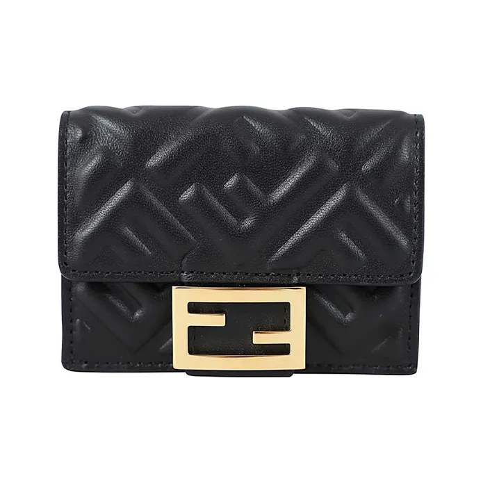FENDI Nappa Leather Baguette Bag Cropped Three Fold Wallet Women's Black