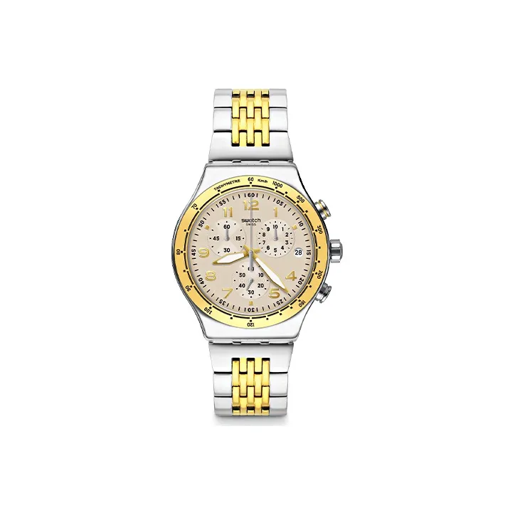 SWATCH Irony Collection Кварцевый механизм Женские часы 49 мм Золотой циферблат Корпус из нержавеющей стали Ремешок из нержавеющей стали