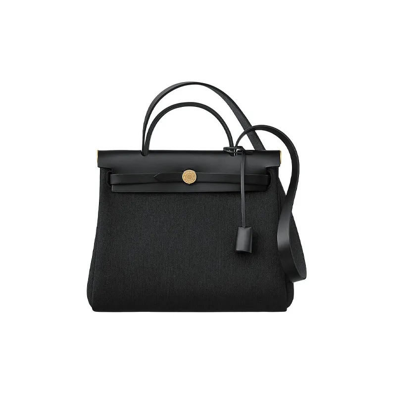 HERMES Herbag Zip Reversible Canvas With Cow Leather Handbag Shoulder Bag Crossbody Bag Regular Unisex Black
