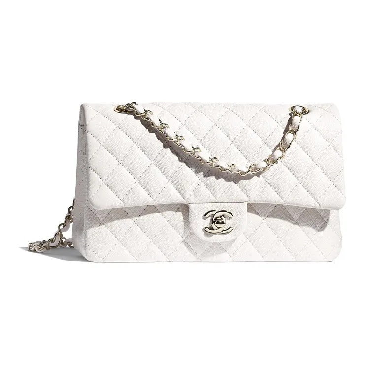 CHANEL Classic Flap CF Textured Calfskin Chain Bag Shoulder Bag Crossbody Bag Medium Size Women's White