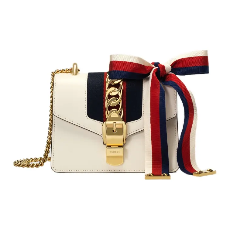 GUCCI Sylvie Leather Shoulder Bag, Crossbody Bag Mini Women's White