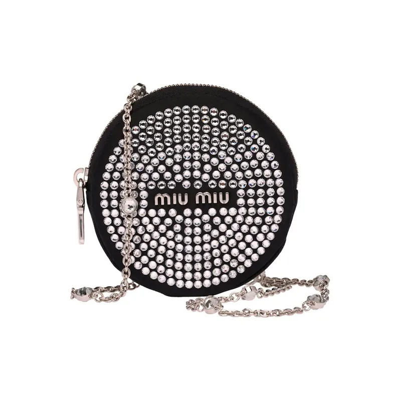 MIU MIU Faux Crystal With Leather Round Bag Coin Purse Necklace Pouch Women's Black