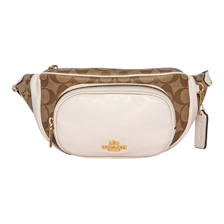 COACH Court Canvas With Leather Shoulder Bag, Crossbody Bag, Sling Bag, Fanny Pack Medium Size Women's White Khaki