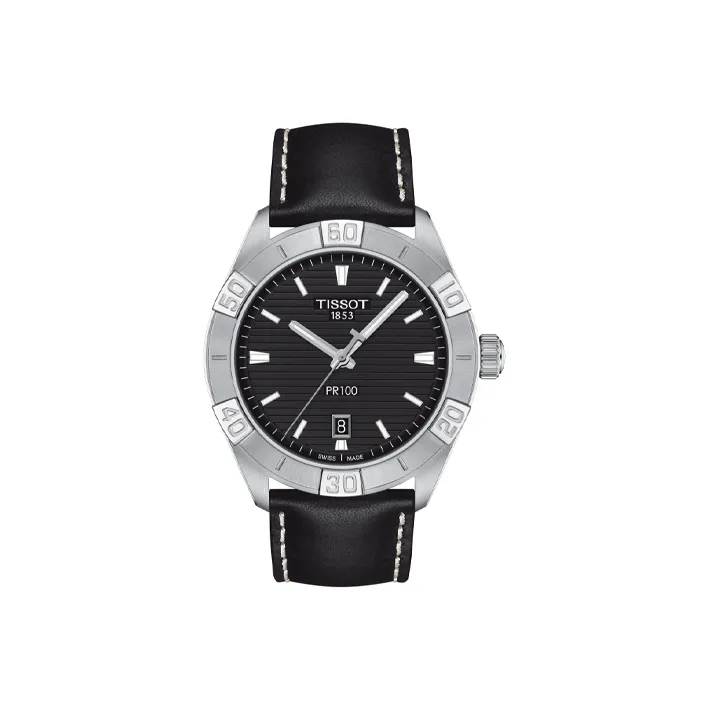 TISSOT PR100 Collection Кварцевый механизм Мужские часы Часы 42 мм Черный циферблат Корпус из нержавеющей стали Кожаный ремешок