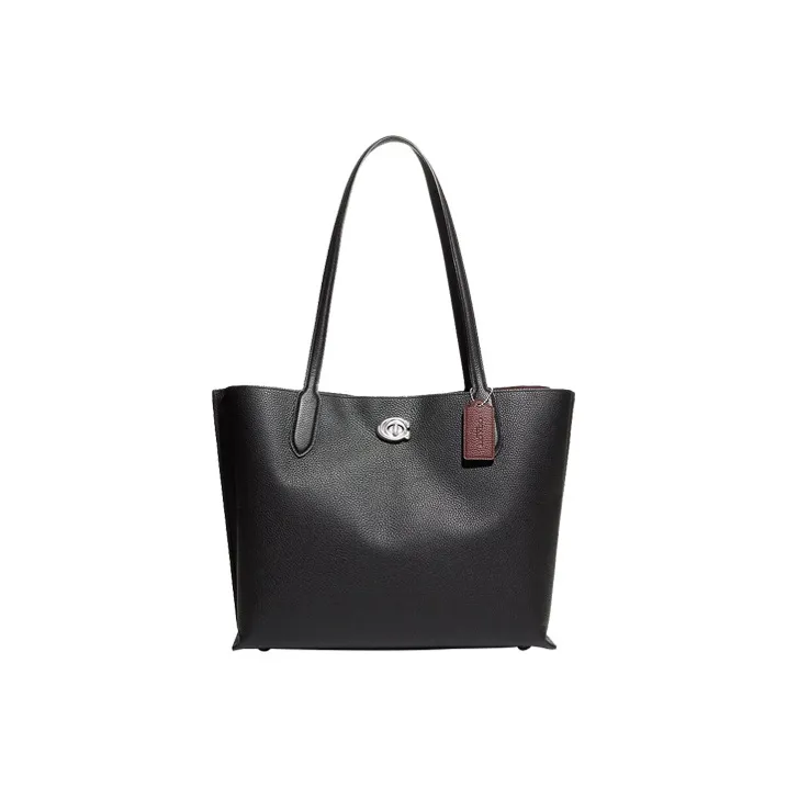COACH Willow Solid Color Leather Tote Bag, Handbag, Shoulder Bag Large Women's Black