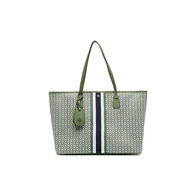 TORY BURCH Gemini Link Cotton Coated Canvas Tote Bag Shopping Bag Shoulder Bag Handbag Large Size Women's Grass Green