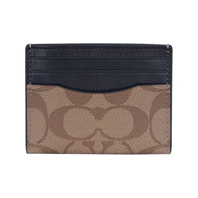 COACH Card Case Coated Canvas With Leather Card Holder, Wallet Men's Black & Tan Khaki Monogram