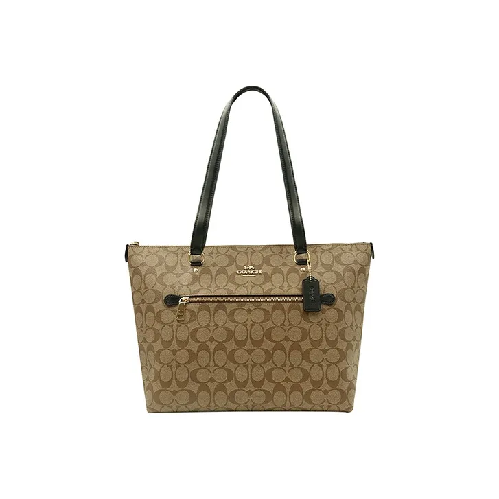 COACH Gallery PVC Tote Bag Shopping Bag Shoulder Bags Large Size Women's Khaki Monogram & Black Shoulder Strap