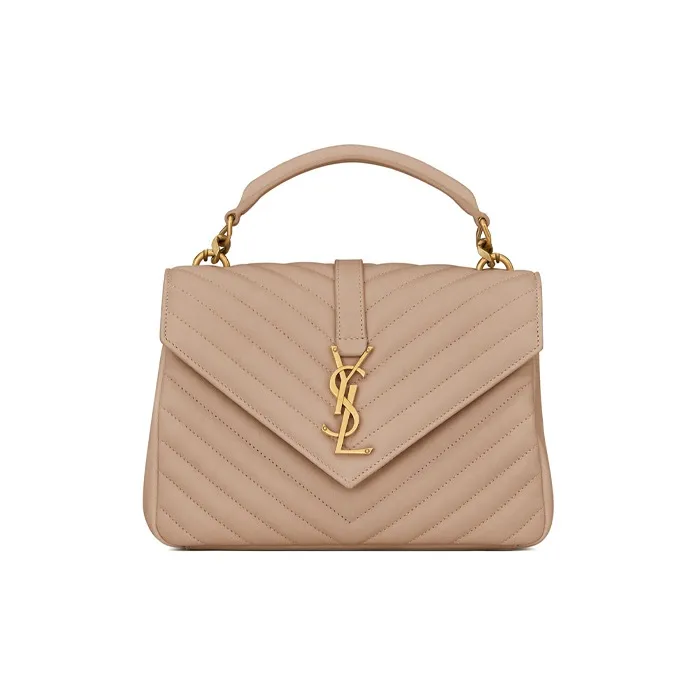 SAINT LAURENT College Quilted Leather Shoulder Bag, Crossbody Bag, Handbag Medium Size Women's Dark Beige