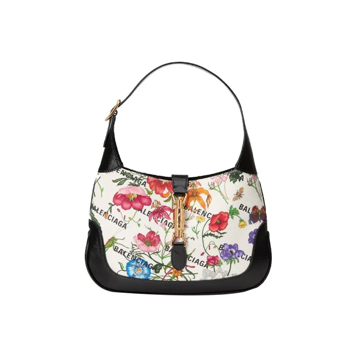 GUCCI Jackie 1961 Canvas With Leather Trim Crescent Shoulder Bag Shoulder Bag Trumpets Women's Black Pink Multicolor
