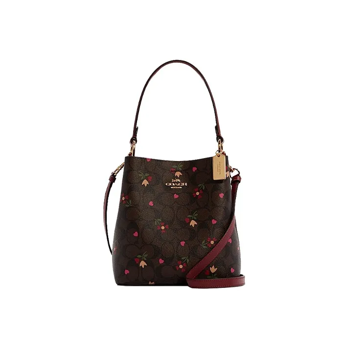 COACH Town Canvas With Leather Bucket Bag Handbag Shoulder Bag Crossbody Bag Small Size Women's Brown & Burgundy