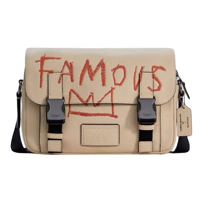 COACH Basquiat Collaboration Track Leather Shoulder Bag, Crossbody Bag Large Size Men's Ecru