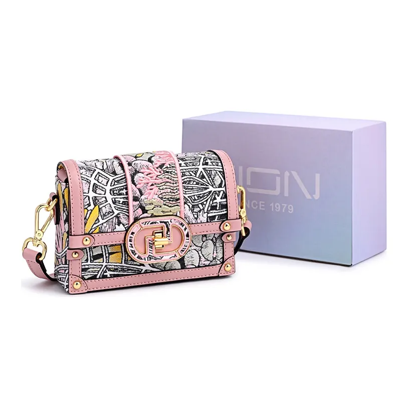 FION Cow Leather With Fabric Floral Window Box Bag, Shoulder Bag, Crossbody Bag Women's Multicolor/Pink