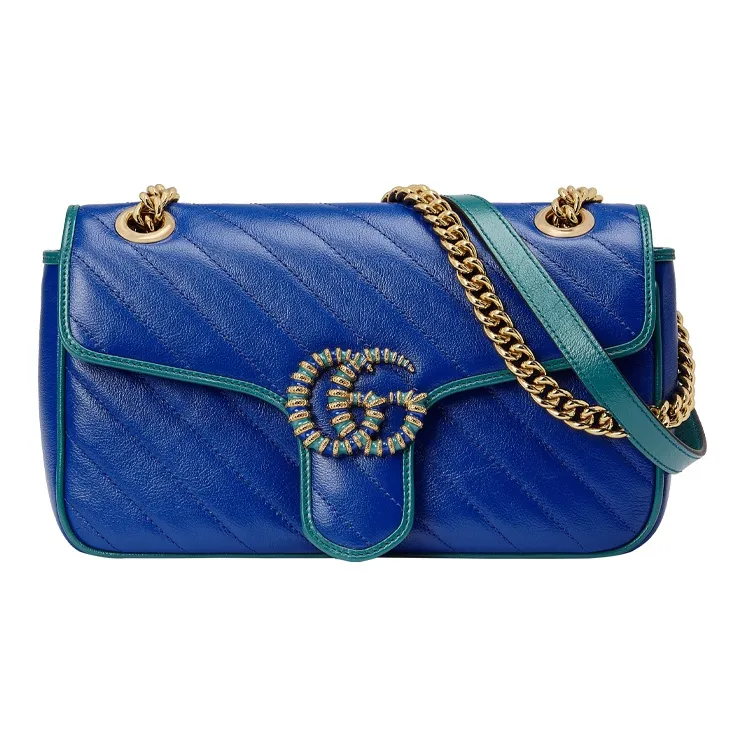 GUCCI GG Marmont Quilted Leather Crossbody Bag, Shoulder Bag Trumpets Women's Blue/Gemstone Green