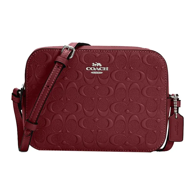 COACH Camera Leather Small Square Bag, Camera Bag, Crossbody Bag Trumpets Women's Cherry Red