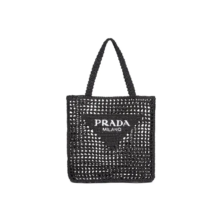 PRADA Raffia Fiber Tote Bag, Shopping Bag, Shoulder Bag, Handbag Women's Black