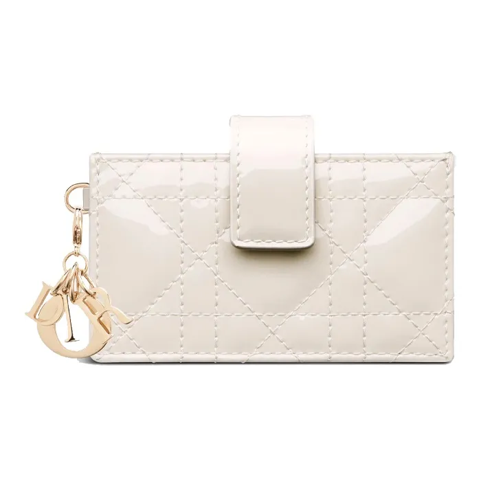 DIOR Lady Dior Patent Leather, Cow Leather Card Holder, Coin Purse, Card Holder Women's Milk White