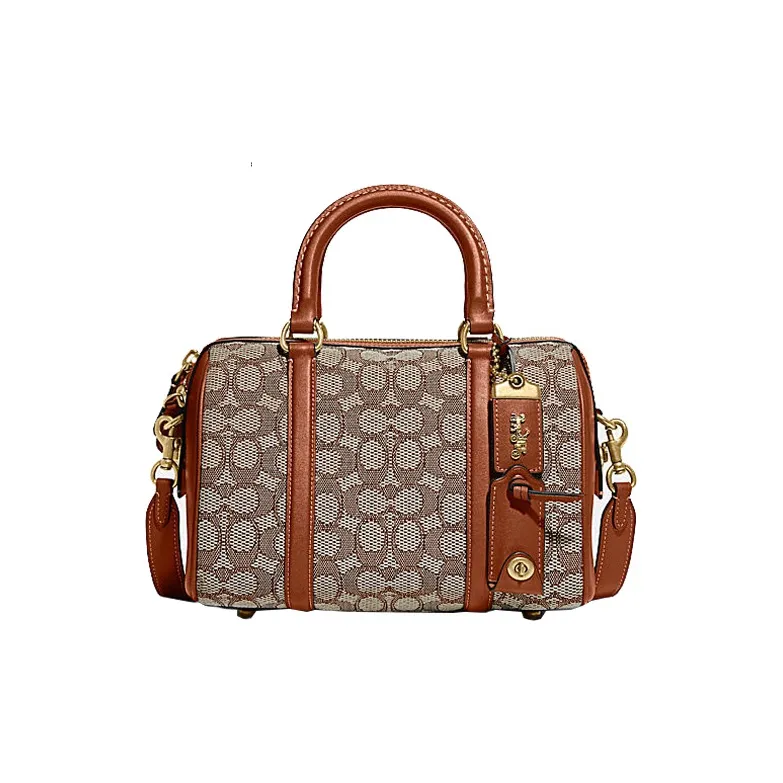 COACH Ruby Jacquard Fabric With Cow Leather Crossbody Bags Handbags Medium Size Women's Coffee & Brown Red