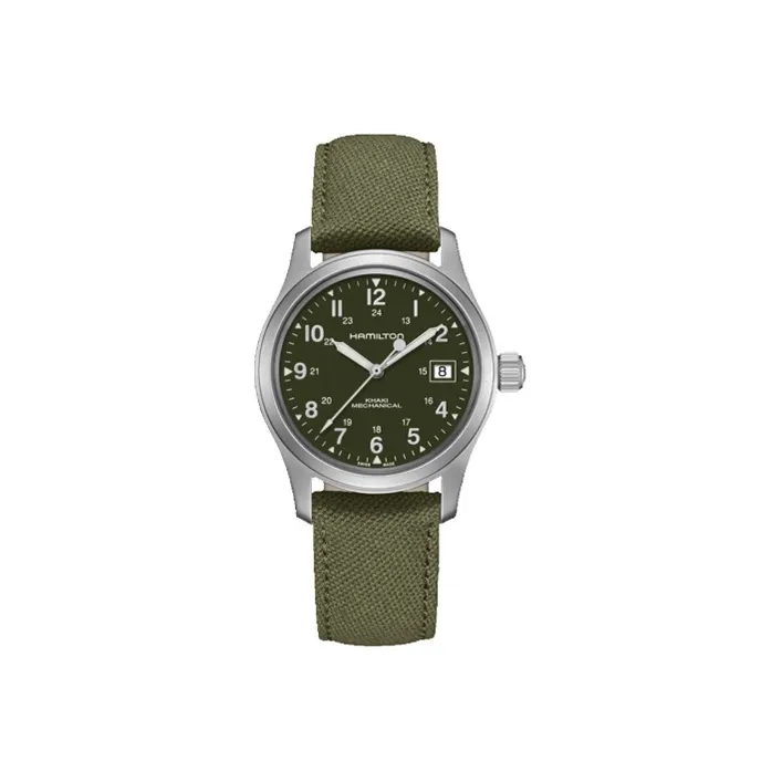 HAMILTON Khaki Field Series Manual Mechanical Movement Men's Watch 38mm Green Dial Stainless Steel Case Fabric Strap