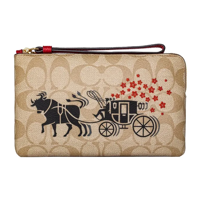 COACH Corner Zip Покрытый холст с кожаными вставками кошелек для монет маленькая сумка сумка на запястье клатч женский бежевый коричневый