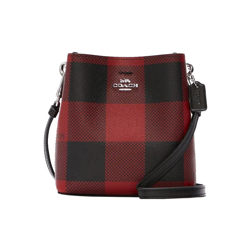 COACH Town Canvas With Leather Bucket Bags Shoulder Bag Crossbody Bag Small Size Women's Black Red