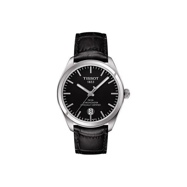 Tissot PR100 Collection Кварцевый механизм Мужские часы Циферблат 39 мм Черный Нержавеющая сталь Корпус Кожаный ремешок