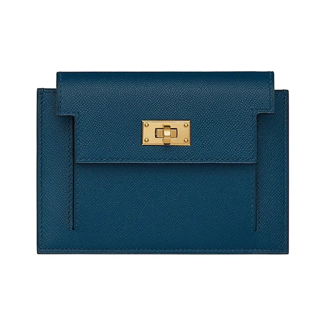 HERMES Kelly Pocket Madame Calfskin Wallet Women's Dark Blue