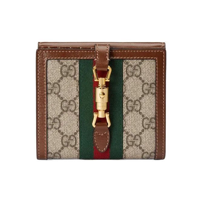 GUCCI Jackie 1961 Canvas With Leather Clutch Wallet, Card Holder Trumpets Women's Beige Brown Multicolor