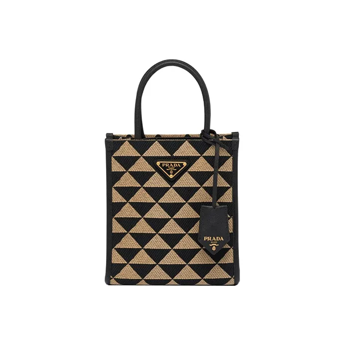 PRADA Symbole Embroidered Fabric Tote Bag Shopping Bag Handbag Small Size Women's Black/Beige Yellow