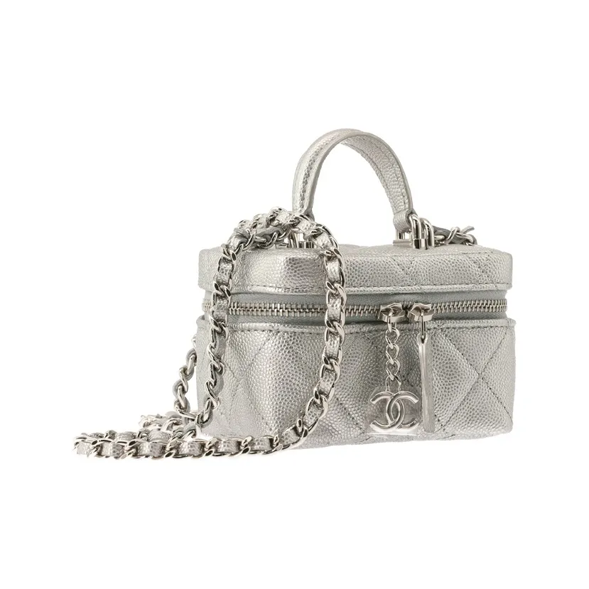 CHANEL Litchi Grain Cow Leather Box Bag, Handbag, Shoulder Bag, Crossbody Bag Trumpets Women's Silver