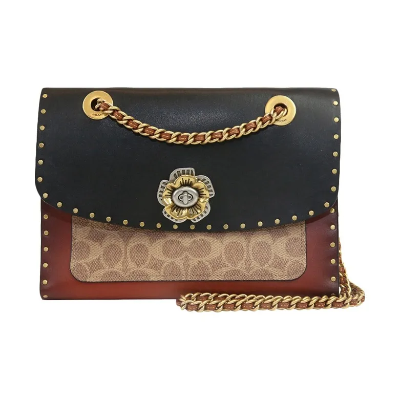 COACH Parker Coated Canvas With Calfskin Trim Portable Crossbody Bag Shoulder Bag Women's Black & Monogram Red Brown