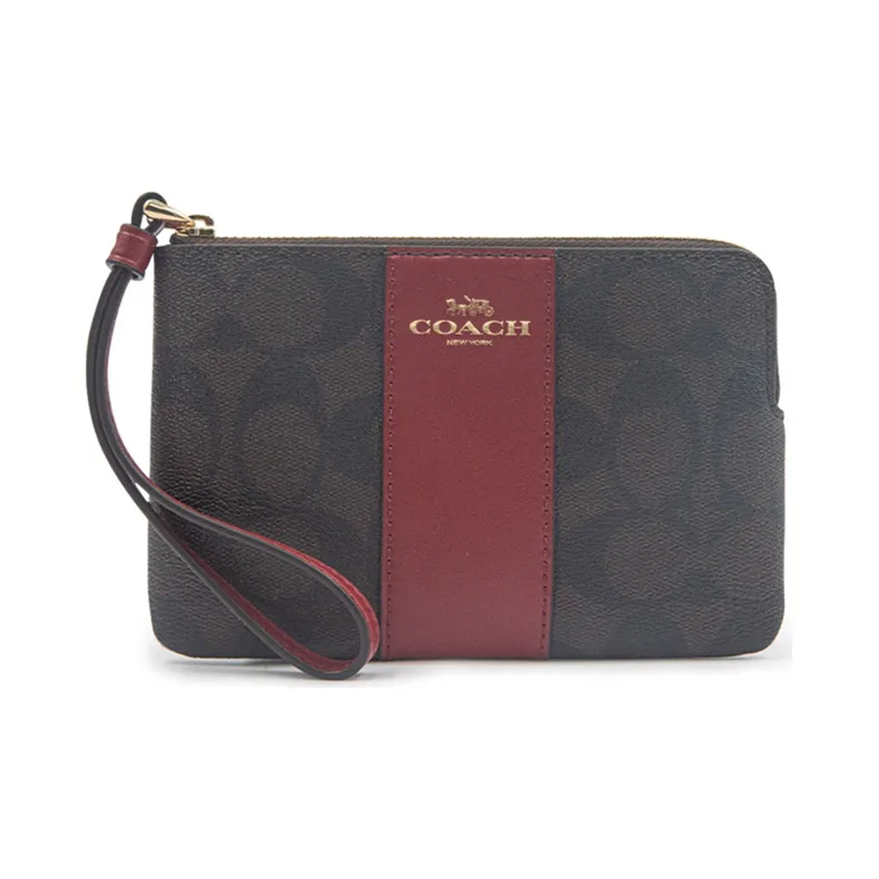 COACH Corner Zip Canvas With Leather Wrist Bag Clutch Coin Purse Women's Dark Brown & Red