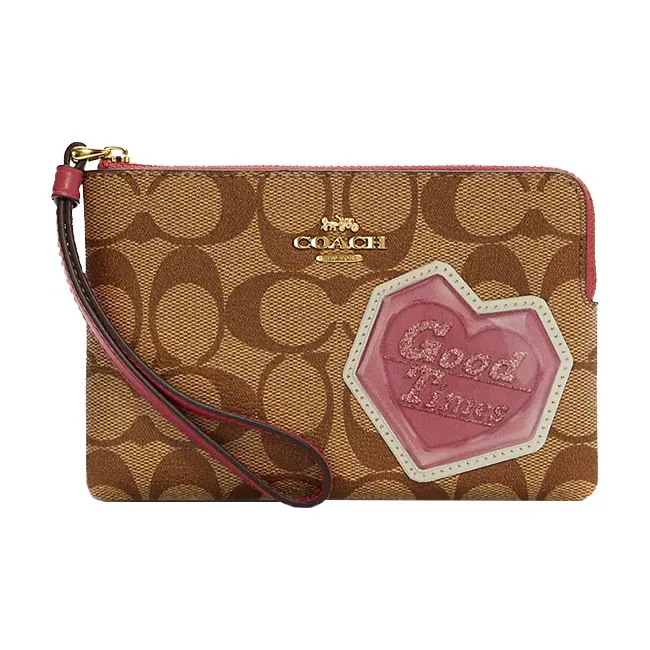 COACH Corner Zip Холщовая кожа Запястье Сумка Клатч Кошелек Женские Хаки Персиково-розовый