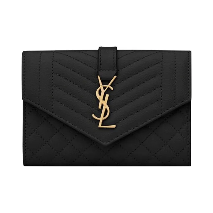 SAINT LAURENT Grained Embossed Leather Envelope Wallets Small Size Women's Black