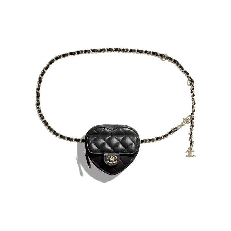CHANEL Sheepskin Heart Bag, One Shoulder Crossbody, Fanny Pack Mini Women's Black