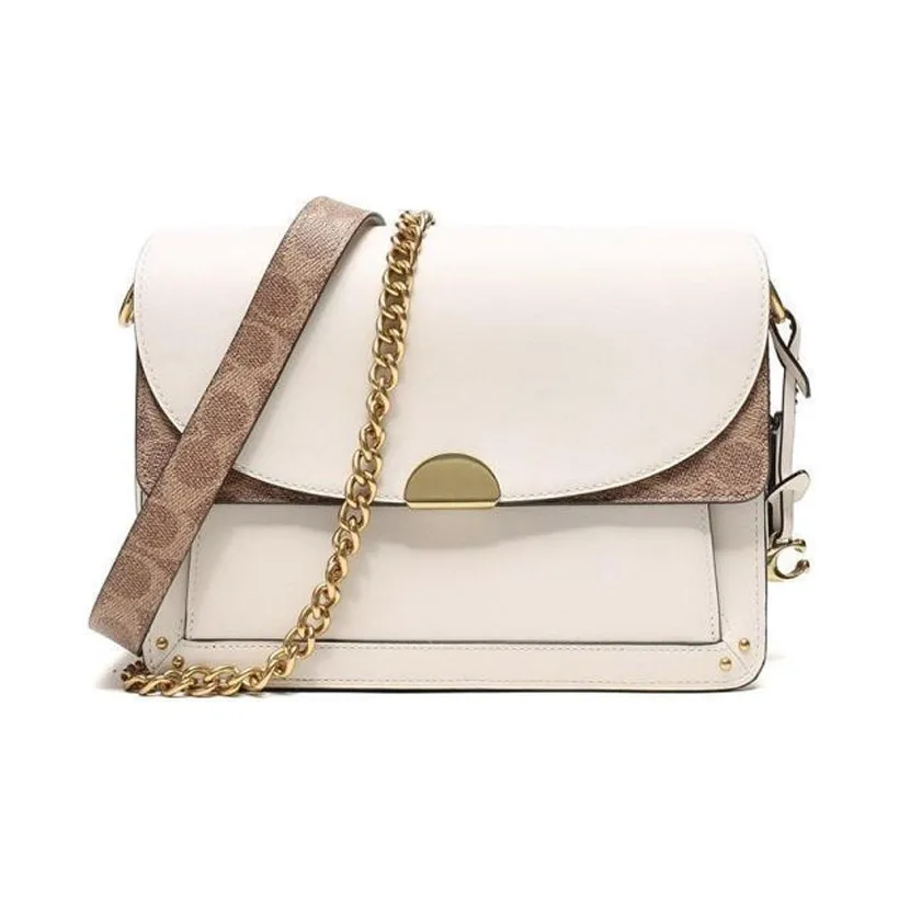 coach Midnight Canvas With Leather One Shoulder Crossbody Chain Bag Large Size Women's White & Brown Monogram