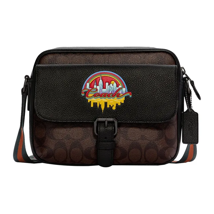 COACH Hudson Canvas With Leather Shoulder Bag Crossbody Bag Medium Size Men's Dark Brown & Black